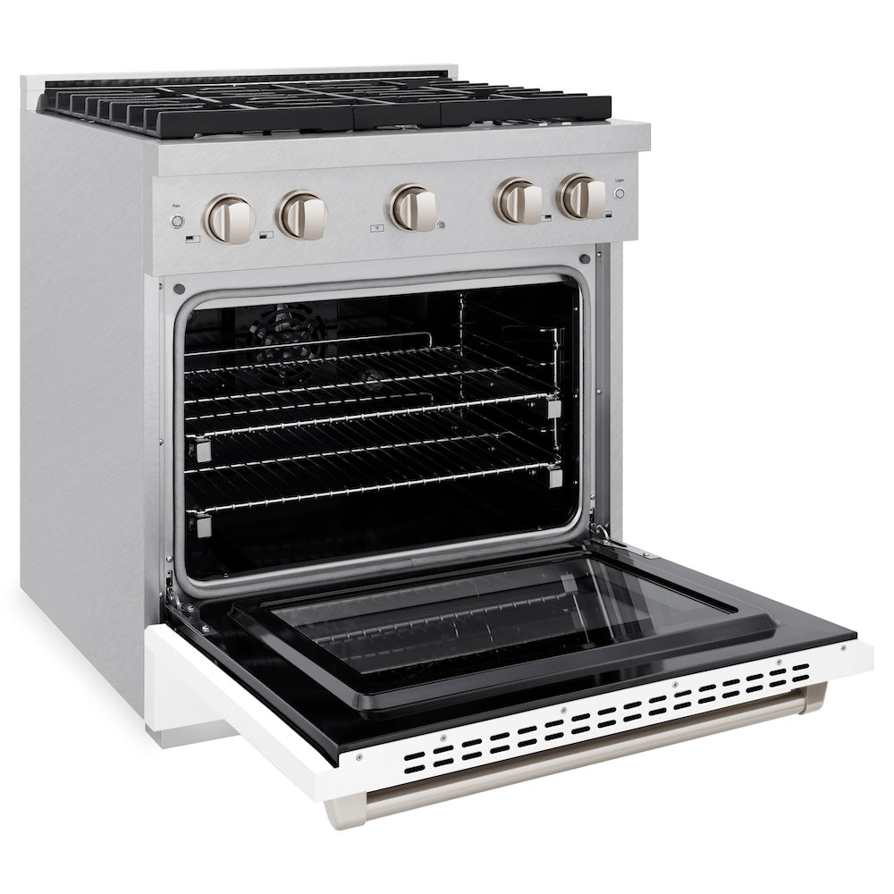 ZLINE 30 in. 4.2 cu. ft. Paramount Dual Fuel Range with 4 Burner Gas Cooktop and Electric Convection Oven in Satin Stainless Steel with White Matte Door (SDRS-WM-30) side, open.