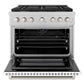 ZLINE 36 in. 5.2 cu. ft. Paramount Dual Fuel Range with 6 Burner Gas Cooktop and Electric Convection Oven in Satin Stainless Steel with White Matte Door (SDRS-WM-36) front, oven open.
