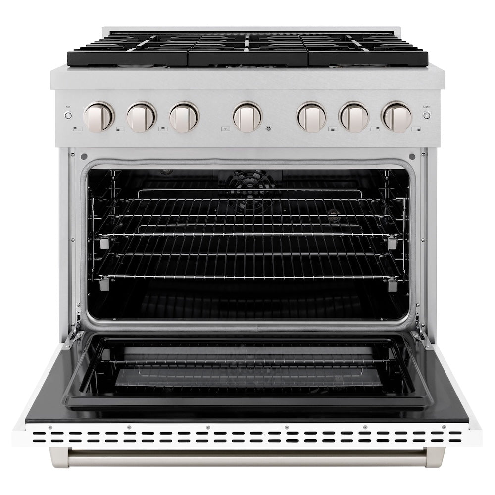 ZLINE 36 in. 5.2 cu. ft. Paramount Dual Fuel Range with 6 Burner Gas Cooktop and Electric Convection Oven in Satin Stainless Steel with White Matte Door (SDRS-WM-36) front, oven open.