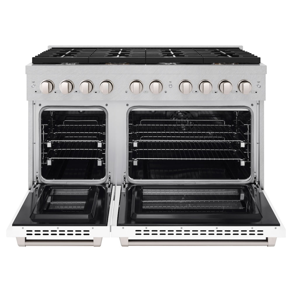 ZLINE 48 in. 6.7 cu. ft. Paramount Double Oven Dual Fuel Range with 8 Burner Gas Cooktop in Satin Stainless Steel with White Matte Doors (SDRS-WM-48) front, oven open.