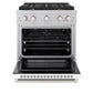 ZLINE 30 in. 4.2 cu. ft. Paramount Gas Range with 4 Burner Cooktop and Convection Gas Oven in Satin Stainless Steel with White Matte Door (SGRS-WM-30) front, oven open.