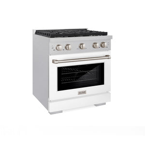 ZLINE 30 in. 4.2 cu. ft. Paramount Gas Range with 4 Burner Cooktop and Convection Gas Oven in Satin Stainless Steel with White Matte Door (SGRS-WM-30) main image.