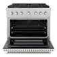 ZLINE 36 in. 5.2 cu. ft. Paramount Gas Range with 6 Burner Cooktop and Convection Gas Oven in Satin Stainless Steel with White Matte Door (SGRS-WM-36) front, oven open.