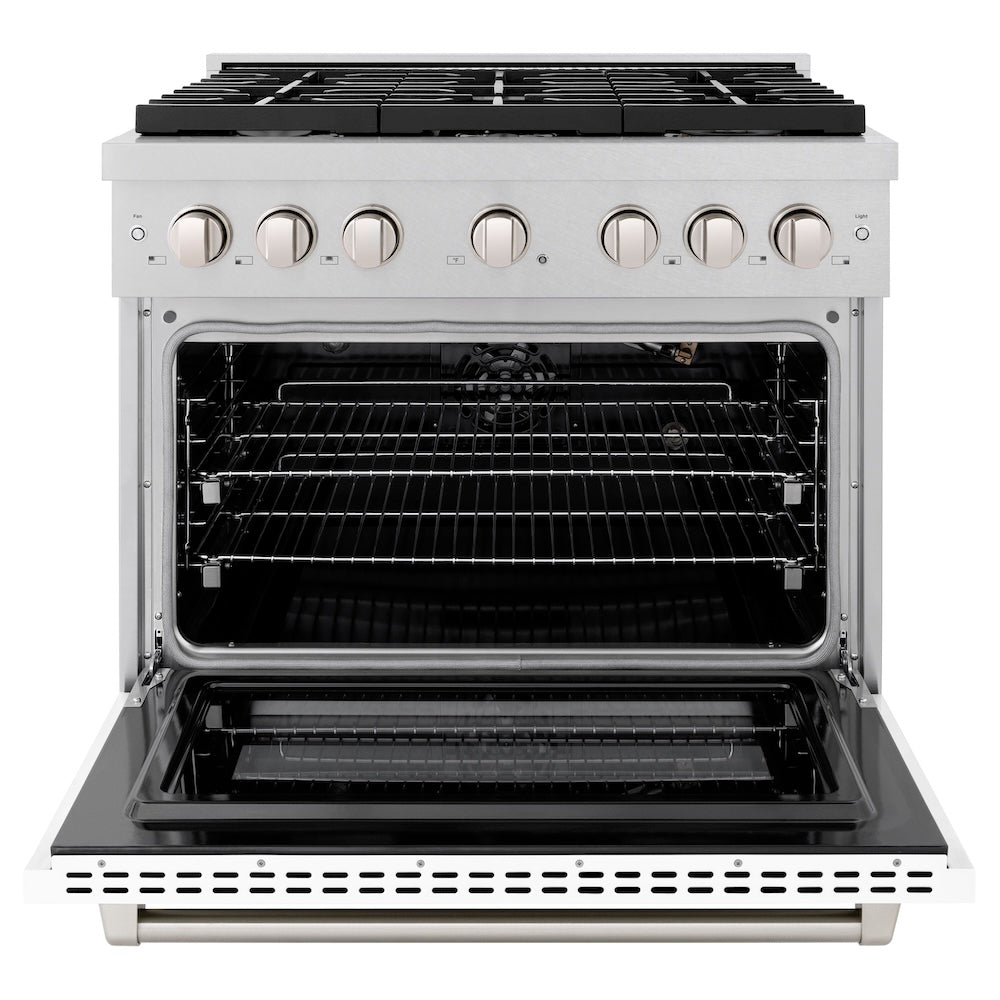 ZLINE 36 in. 5.2 cu. ft. Paramount Gas Range with 6 Burner Cooktop and Convection Gas Oven in Satin Stainless Steel with White Matte Door (SGRS-WM-36) front, oven open.