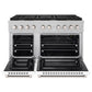 ZLINE 48 in. 6.7 cu. ft. Paramount Double Oven Gas Range with 8 Burner Cooktop in Satin Stainless Steel with White Matte Doors (SGRS-WM-48) front, oven open.