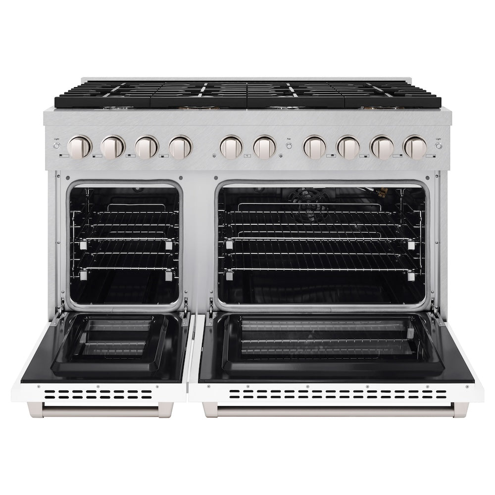 ZLINE 48 in. 6.7 cu. ft. Paramount Double Oven Gas Range with 8 Burner Cooktop in Satin Stainless Steel with White Matte Doors (SGRS-WM-48) front, oven open.