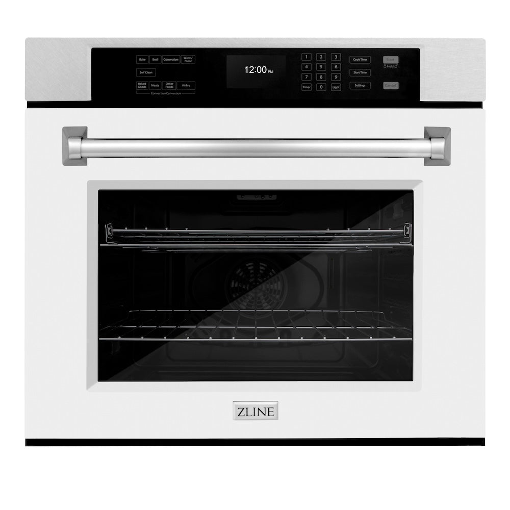 ZLINE 30 in. Professional True Convection Single Wall Oven with Air Fry and Self Clean in Satin Stainless Steel with White Matte Door (WASS-WM-30) main image.