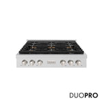 ZLINE 36 in. Paramount Gas Rangetop with 6 Burner DuoPro™ Cooktop in Satin Stainless Steel (PSRTS-36) front, with DuoPro™ logo.