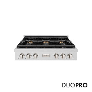 ZLINE 36 in. Paramount Gas Rangetop with 6 Burner DuoPro™ Cooktop in Satin Stainless Steel (PSRTS-36) main image.