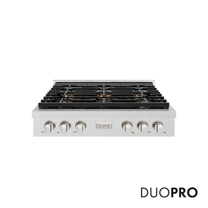 ZLINE 36 in. Paramount Gas Rangetop with 6 Burner DuoPro™ Cooktop in Satin Stainless Steel (PSRTS-36) front, with DuoPro™ logo.
