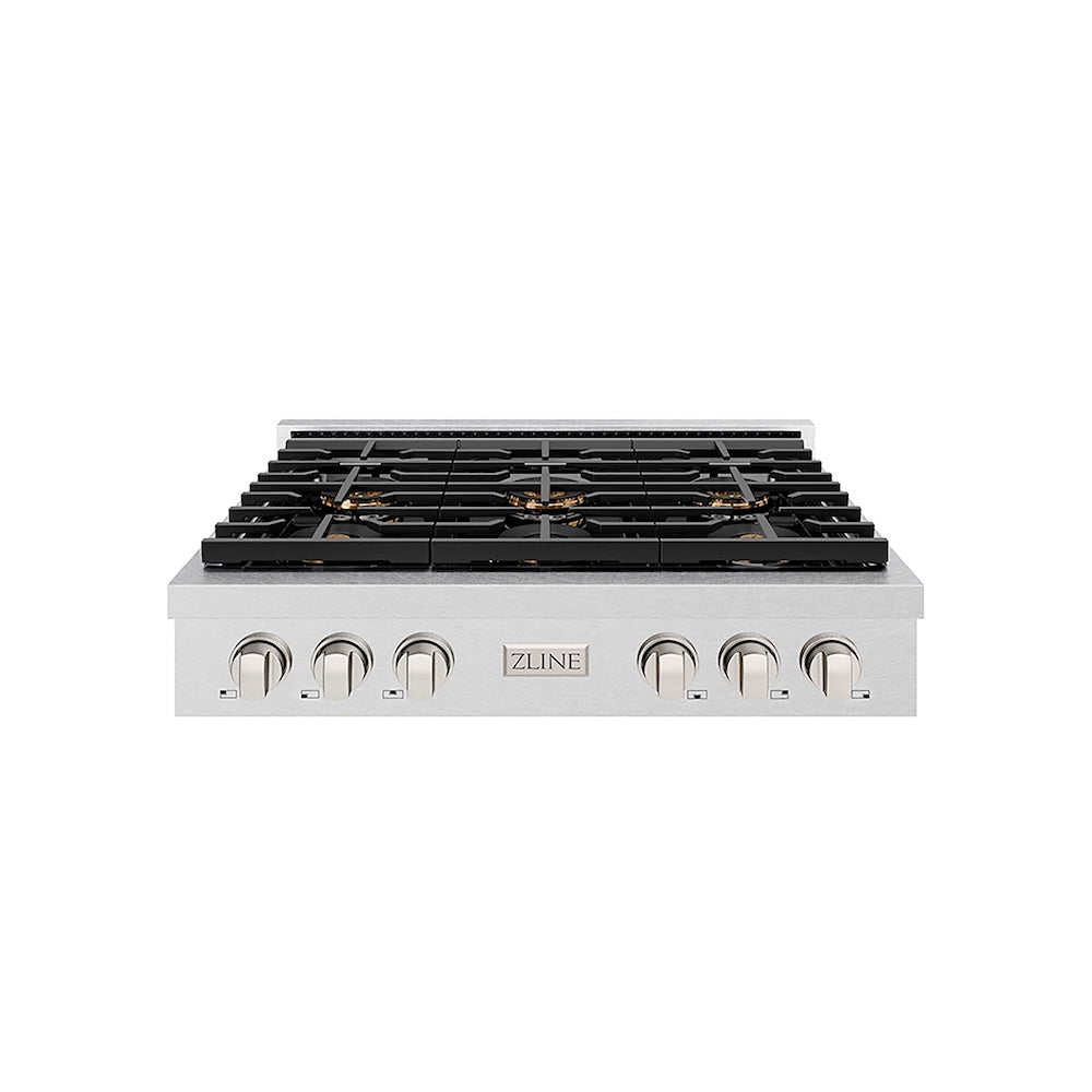 ZLINE 36 in. Paramount Gas Rangetop with 6 Burner DuoPro™ Cooktop in Satin Stainless Steel (PSRTS-36) front.
