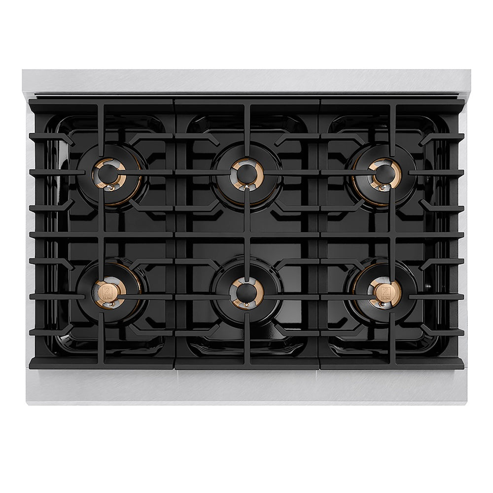 ZLINE 36 in. Paramount Gas Rangetop with 6 Burner DuoPro™ Cooktop in Satin Stainless Steel (PSRTS-36) top-down, above cooktop.
