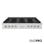ZLINE 48 in. Paramount Gas Rangetop with 8 Burner DuoPro™ Cooktop in Satin Stainless Steel (PSRTS-48) front, with DuoPro™ logo.