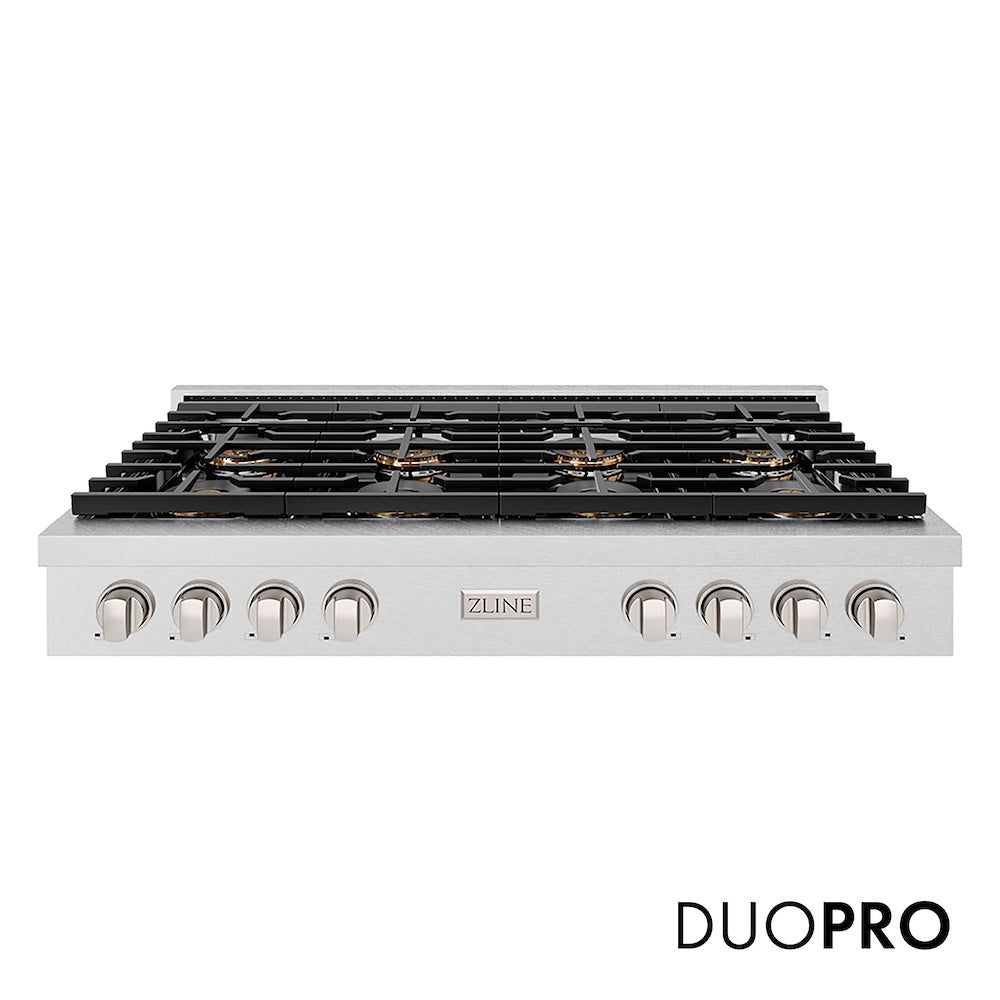 ZLINE 48 in. Paramount Gas Rangetop with 8 Burner DuoPro™ Cooktop in Satin Stainless Steel (PSRTS-48) front, with DuoPro™ logo.