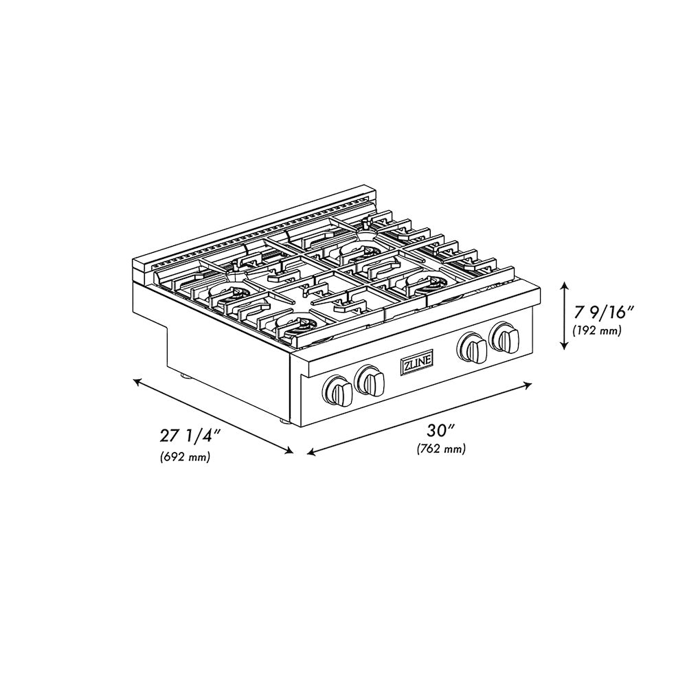 ZLINE Autograph Edition 30 in. Paramount Gas Rangetop with 4 Burner DuoPro™ Cooktop in Satin Stainless Steel and Champagne Bronze Accents (PSRTSZ-30-CB) dimensional diagram.