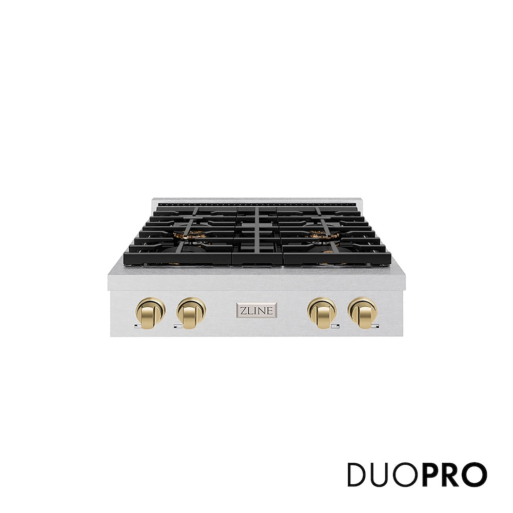 ZLINE Autograph Edition 30 in. Paramount Gas Rangetop with 4 Burner DuoPro™ Cooktop in Satin Stainless Steel and Champagne Bronze Accents (PSRTSZ-30-CB) main image.