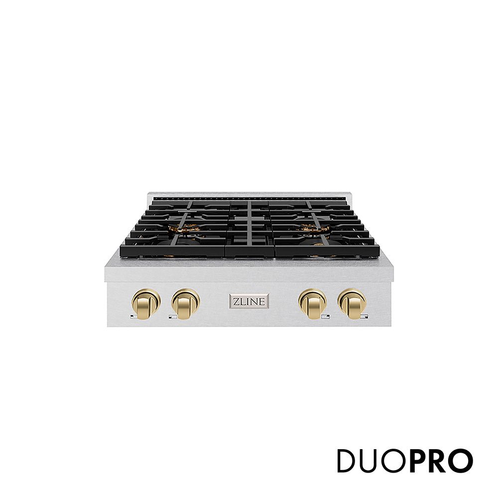 ZLINE Autograph Edition 30 in. Paramount Gas Rangetop with 4 Burner DuoPro™ Cooktop in Satin Stainless Steel and Champagne Bronze Accents, Open Box-Great Condition