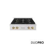 ZLINE Autograph Edition 30 in. Paramount Gas Rangetop with 4 Burner DuoPro™ Cooktop in Satin Stainless Steel and Polished Gold Accents (PSRTSZ-30-G) main image.
