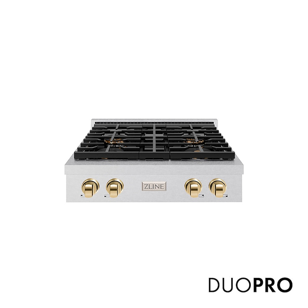 ZLINE Autograph Edition 30 in. Paramount Gas Rangetop with 4 Burner DuoPro™ Cooktop in Satin Stainless Steel and Polished Gold Accents (PSRTSZ-30-G) main image.