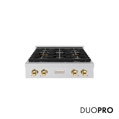 ZLINE Autograph Edition 30 in. Paramount Gas Rangetop with 4 Burner DuoPro™ Cooktop in Satin Stainless Steel and Polished Gold Accents (PSRTSZ-30-G) main image.