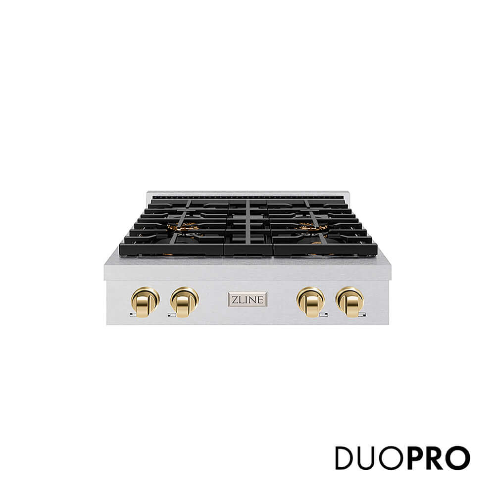 ZLINE Autograph Edition 30 in. Paramount Gas Rangetop with 4 Burner DuoPro™ Cooktop in Satin Stainless Steel and Polished Gold Accents, Open Box-Good Condition