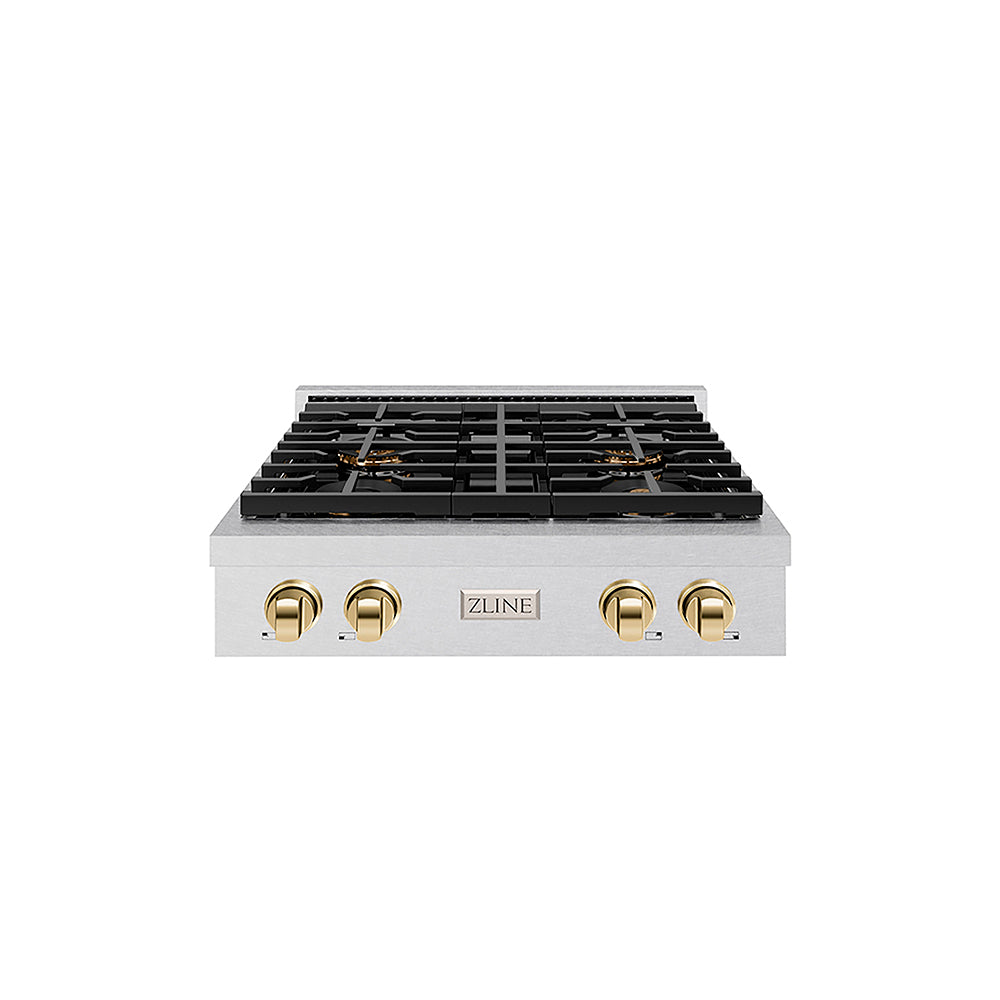 ZLINE Autograph Edition 30 in. Paramount Gas Rangetop with 4 Burner DuoPro™ Cooktop in Satin Stainless Steel and Polished Gold Accents, Open Box-Great Condition