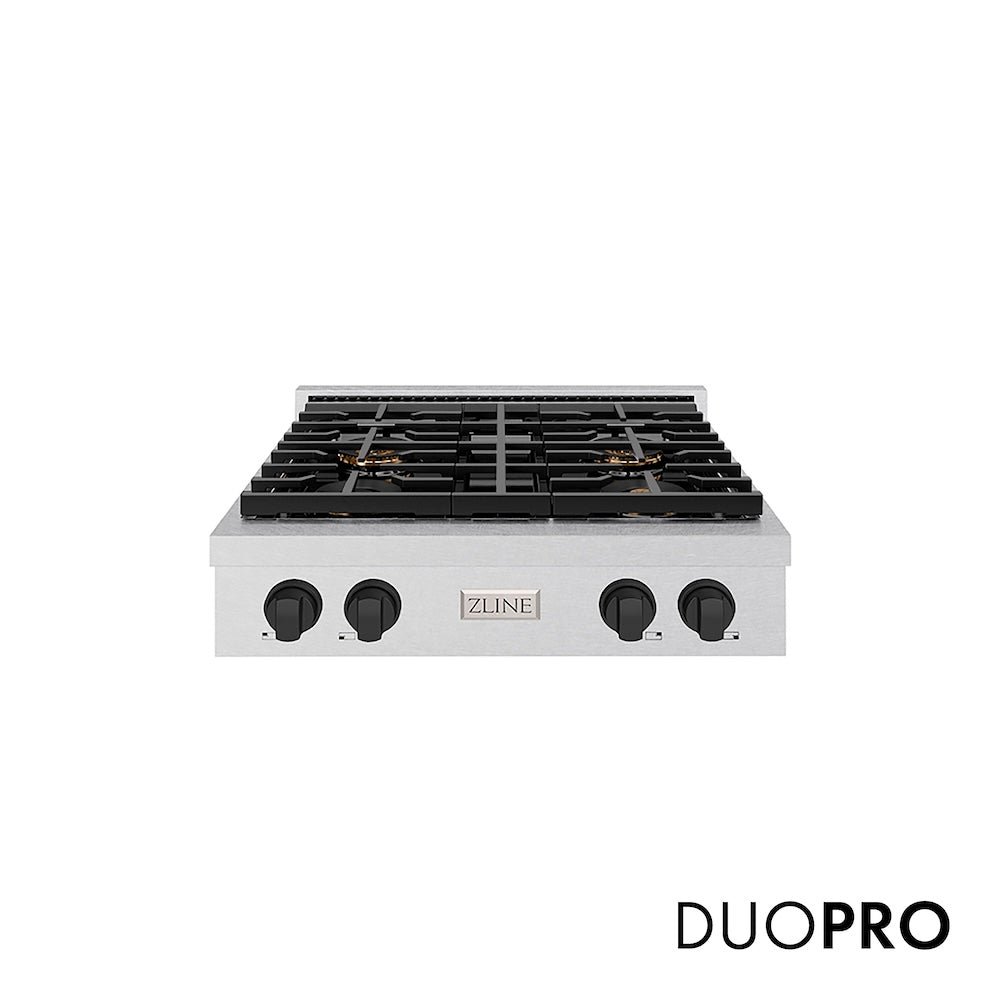 ZLINE Autograph Edition 30 in. Paramount Gas Rangetop with 4 Burner DuoPro™ Cooktop in Satin Stainless Steel and Matte Black Accents (PSRTSZ-30-MB) front, with DuoPro™ logo.