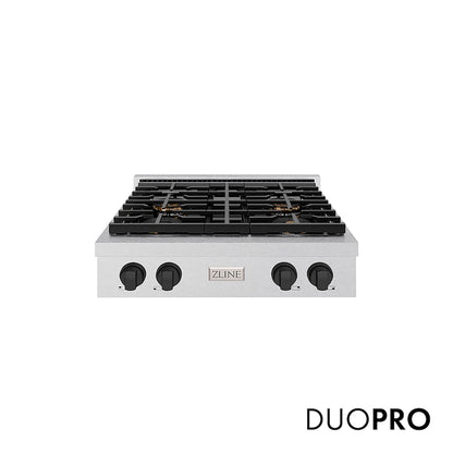 ZLINE Autograph Edition 30 in. Paramount Gas Rangetop with 4 Burner DuoPro™ Cooktop in Satin Stainless Steel and Matte Black Accents (PSRTSZ-30-MB) front, with DuoPro™ logo.