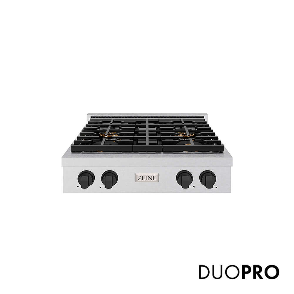ZLINE Autograph Edition 30 in. Paramount Gas Rangetop with 4 Burner DuoPro™ Cooktop in Satin Stainless Steel and Matte Black Accents, Open Box-Good Condition