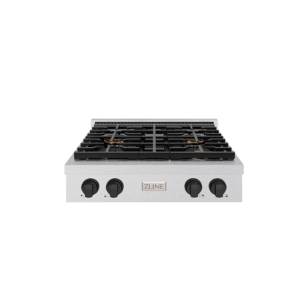 ZLINE Autograph Edition 30 in. Paramount Gas Rangetop with 4 Burner DuoPro™ Cooktop in Satin Stainless Steel and Matte Black Accents (PSRTSZ-30-MB) front.
