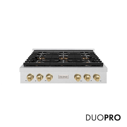 ZLINE Autograph Edition 36 in. Paramount Gas Rangetop with 6 Burner DuoPro™ Cooktop in Satin Stainless Steel and Champagne Bronze Accents (PSRTSZ-36-CB) front, with DuoPro™ logo.
