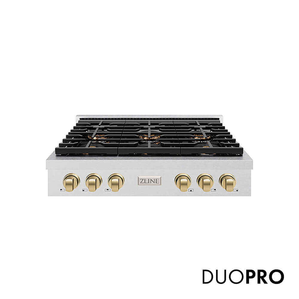 ZLINE Autograph Edition 36 in. Paramount Gas Rangetop with 6 Burner DuoPro™ Cooktop in Satin Stainless Steel and Champagne Bronze Accents, Open Box-Good Condition
