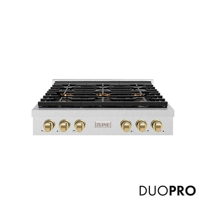 ZLINE Autograph Edition 36 in. Paramount Gas Rangetop with 6 Burner DuoPro™ Cooktop in Satin Stainless Steel and Champagne Bronze Accents, Open Box-Good Condition