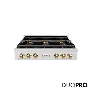 ZLINE Autograph Edition 36 in. Paramount Gas Rangetop with 6 Burner DuoPro™ Cooktop in Satin Stainless Steel and Champagne Bronze Accents, Open Box-Great Condition