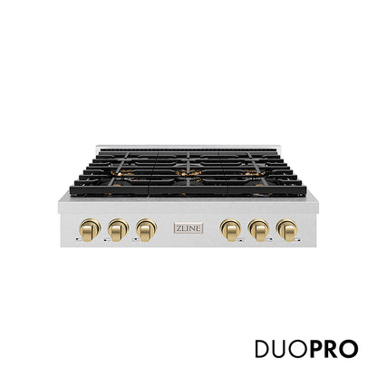 ZLINE Autograph Edition 36 in. Paramount Gas Rangetop with 6 Burner DuoPro™ Cooktop in Satin Stainless Steel and Champagne Bronze Accents, Open Box-Great Condition