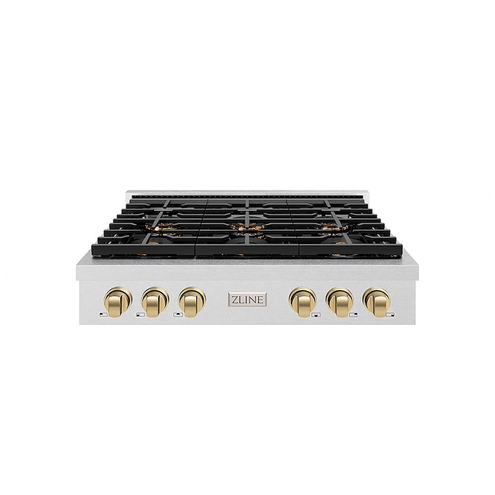 ZLINE Autograph Edition 36 in. Paramount Gas Rangetop with 6 Burner DuoPro™ Cooktop in Satin Stainless Steel and Champagne Bronze Accents (PSRTSZ-36-CB) front.