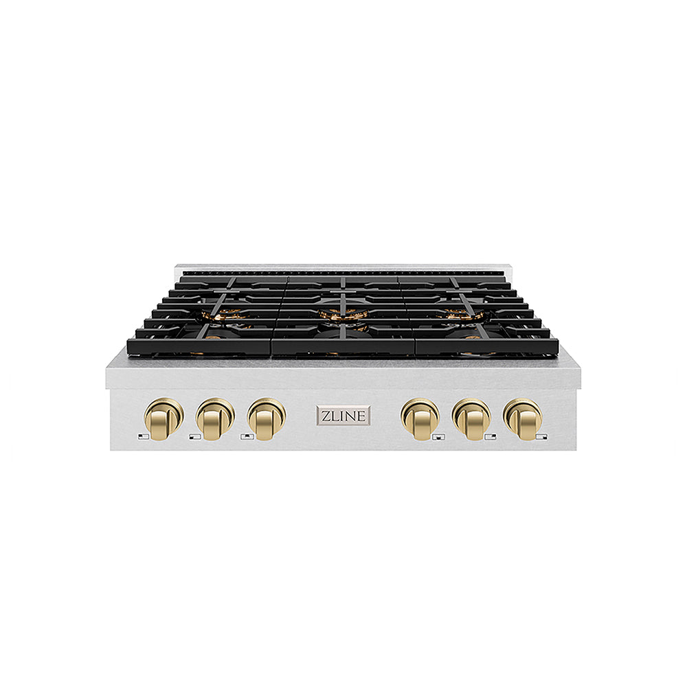 ZLINE Autograph Edition 36 in. Paramount Gas Rangetop with 6 Burner DuoPro™ Cooktop in Satin Stainless Steel and Champagne Bronze Accents, Open Box-Great Condition