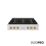ZLINE Autograph Edition 36 in. Paramount Gas Rangetop with 6 Burner DuoPro™ Cooktop in Satin Stainless Steel and Polished Gold Accents (PSRTSZ-36-G) front, with DuoPro™ logo.
