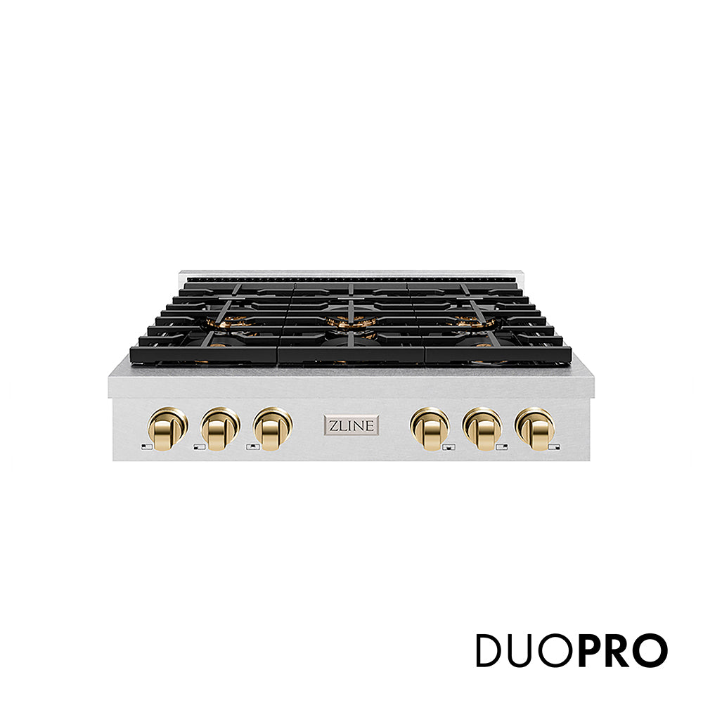 ZLINE Autograph Edition 36 in. Paramount Gas Rangetop with 6 Burner DuoPro™ Cooktop in Satin Stainless Steel and Polished Gold Accents, Open Box-Great Condition