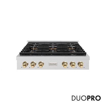 ZLINE Autograph Edition 36 in. Paramount Gas Rangetop with 6 Burner DuoPro™ Cooktop in Satin Stainless Steel and Polished Gold Accents, Open Box-Great Condition