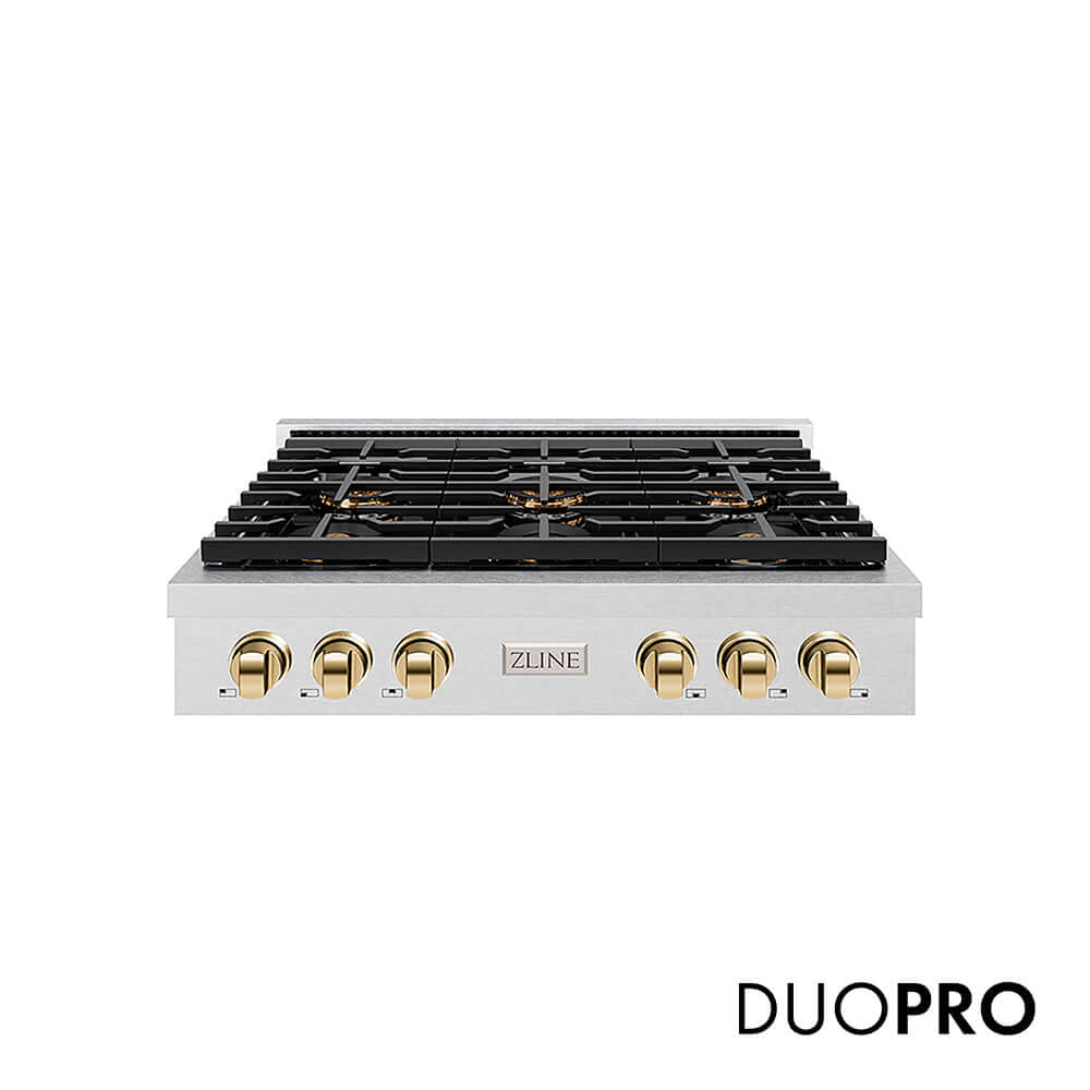 ZLINE Autograph Edition 36 in. Paramount Gas Rangetop with 6 Burner DuoPro™ Cooktop in Satin Stainless Steel and Polished Gold Accents, Open Box-Good Condition