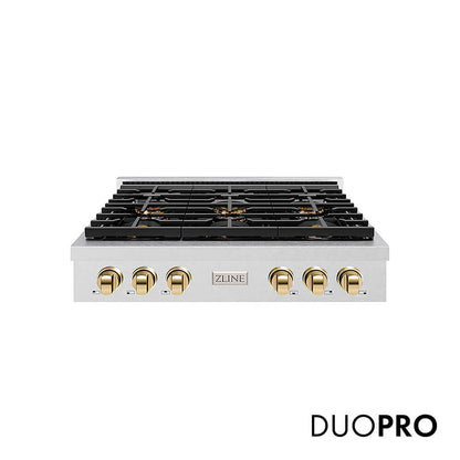 ZLINE Autograph Edition 36 in. Paramount Gas Rangetop with 6 Burner DuoPro™ Cooktop in Satin Stainless Steel and Polished Gold Accents, Open Box-Good Condition