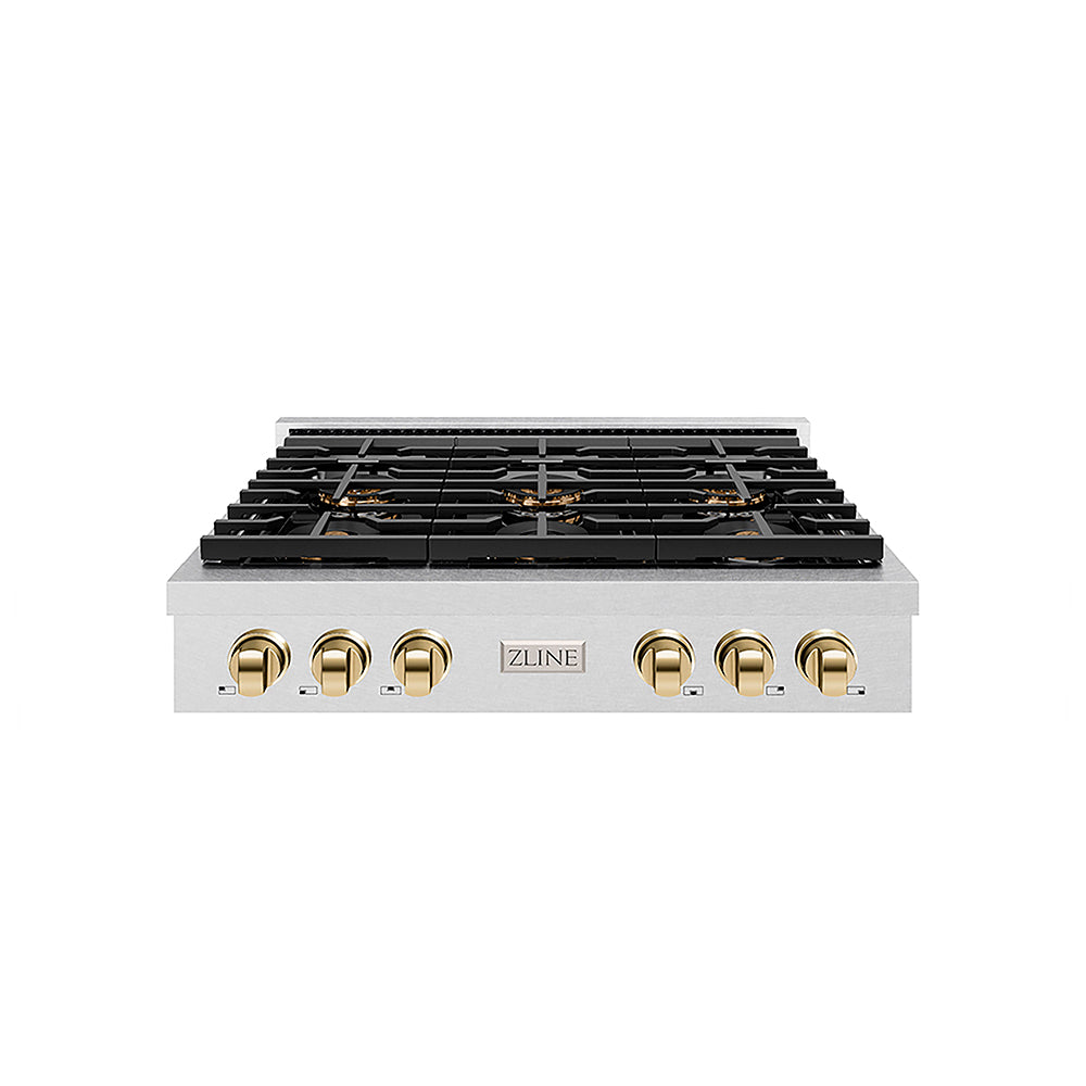 ZLINE Autograph Edition 36 in. Paramount Gas Rangetop with 6 Burner DuoPro™ Cooktop in Satin Stainless Steel and Polished Gold Accents, Open Box-Great Condition