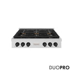 ZLINE Autograph Edition 36 in. Paramount Gas Rangetop with 6 Burner DuoPro™ Cooktop in Satin Stainless Steel and Matte Black Accents (PSRTSZ-36-MB) front, with DuoPro™ logo.