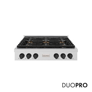 ZLINE Autograph Edition 36 in. Paramount Gas Rangetop with 6 Burner DuoPro™ Cooktop in Satin Stainless Steel and Matte Black Accents (PSRTSZ-36-MB) main image.