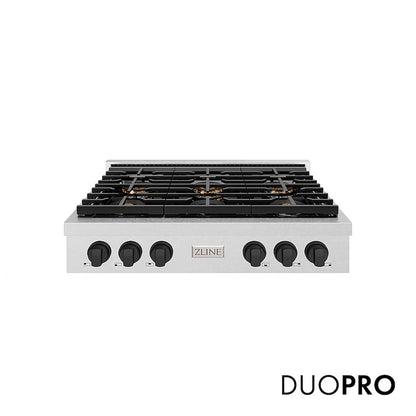 ZLINE Autograph Edition 36 in. Paramount Gas Rangetop with 6 Burner DuoPro™ Cooktop in Satin Stainless Steel and Matte Black Accents (PSRTSZ-36-MB) front, with DuoPro™ logo.