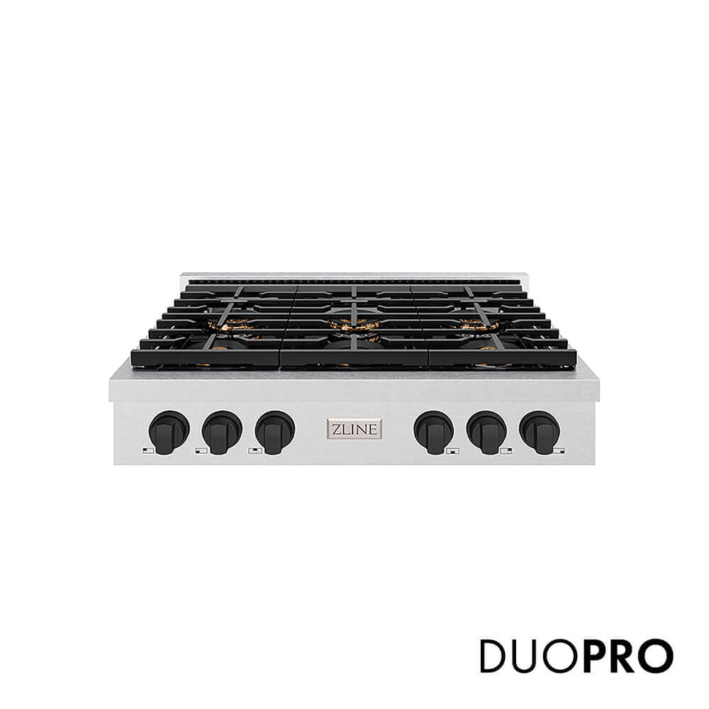 ZLINE Autograph Edition 36 in. Paramount Gas Rangetop with 6 Burner DuoPro™ Cooktop in Satin Stainless Steel and Matte Black Accents, Open Box-Good Condition