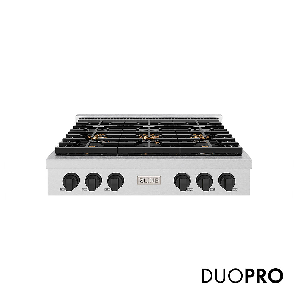 ZLINE Autograph Edition 36 in. Paramount Gas Rangetop with 6 Burner DuoPro™ Cooktop in Satin Stainless Steel and Matte Black Accents, Open Box-Great Condition