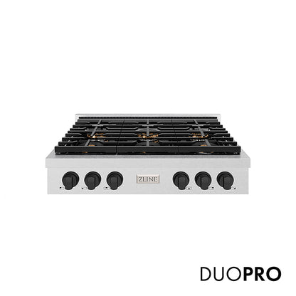 ZLINE Autograph Edition 36 in. Paramount Gas Rangetop with 6 Burner DuoPro™ Cooktop in Satin Stainless Steel and Matte Black Accents, Open Box-Great Condition