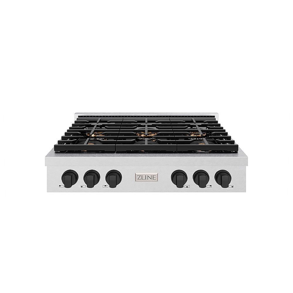 ZLINE Autograph Edition 36 in. Paramount Gas Rangetop with 6 Burner DuoPro™ Cooktop in Satin Stainless Steel and Matte Black Accents (PSRTSZ-36-MB) front.
